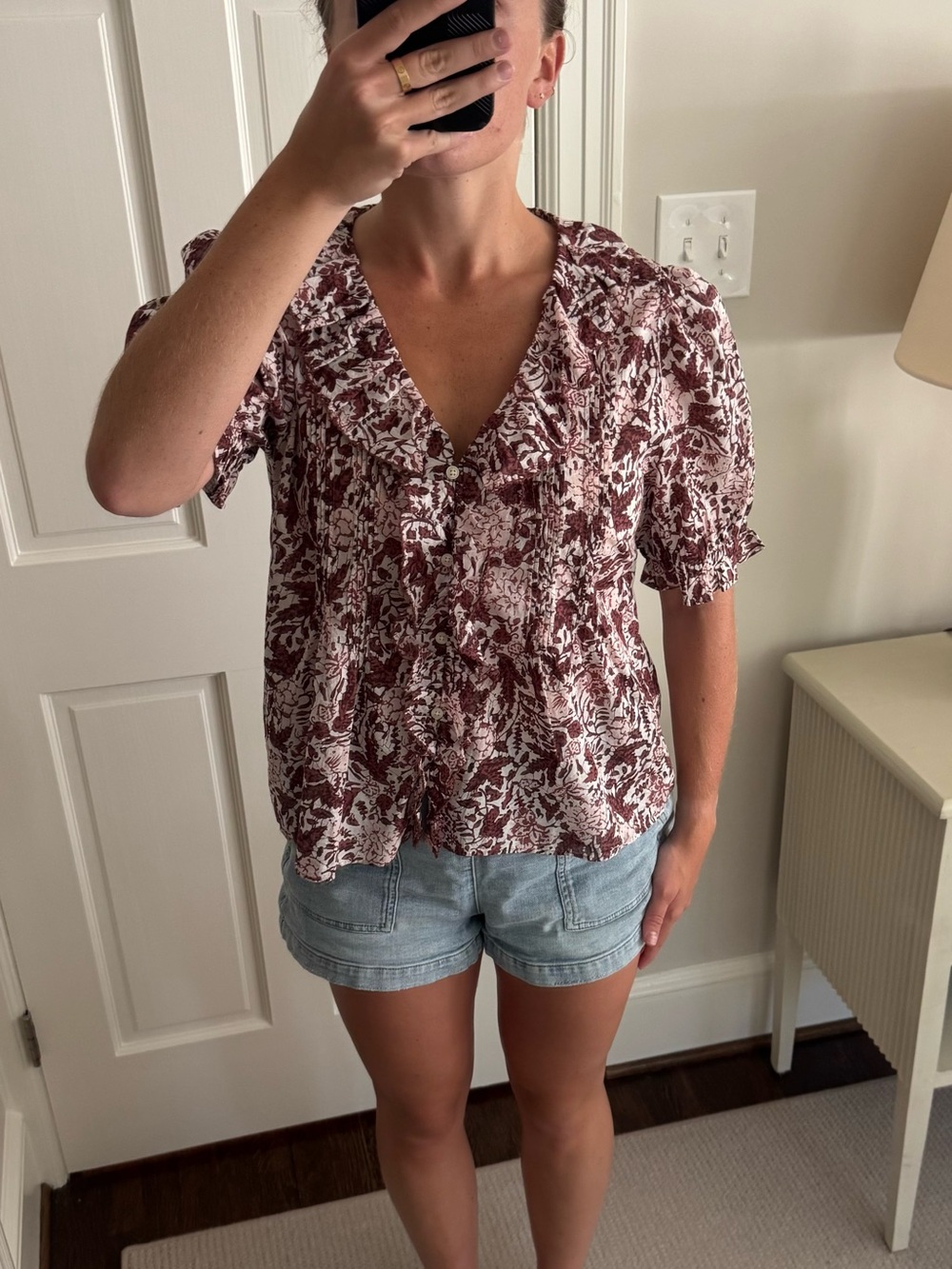 Ann Taylor Weekend - Burgundy and White V-Neck Ruffle Print Blouse
